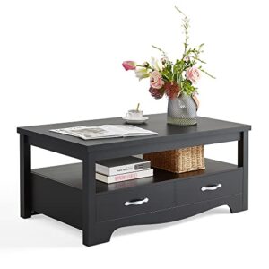 linsy home farmhouse coffee table with storage, wood coffee table for living room, open display area and storage drawers with metal handles, chic style with curved base, black