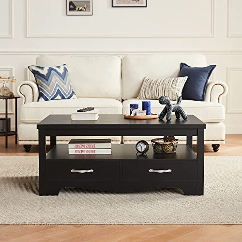 LINSY HOME Farmhouse Coffee Table with Storage, Wood Coffee Table for Living Room, Open Display Area and Storage Drawers with Metal Handles, Chic Style with Curved Base, Black