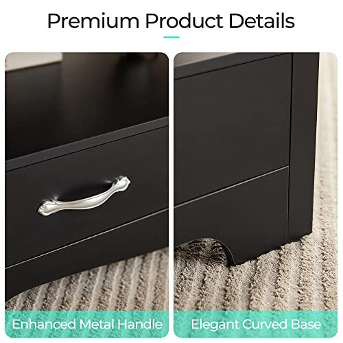 LINSY HOME Farmhouse Coffee Table with Storage, Wood Coffee Table for Living Room, Open Display Area and Storage Drawers with Metal Handles, Chic Style with Curved Base, Black
