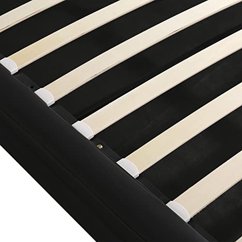 DNYN Queen Size Upholstered Platform Bed with Storage for Kids & Adults,Solid Wooden Bedframe w/Faux Leather & LED Light Headboard,No Box Spring Needed, Black