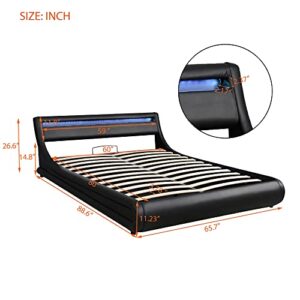 DNYN Queen Size Upholstered Platform Bed with Storage for Kids & Adults,Solid Wooden Bedframe w/Faux Leather & LED Light Headboard,No Box Spring Needed, Black