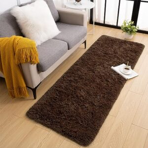 Toneed Fluffy Runner Rug for Bedroom Living Room, 2 x 6 Feet Brown Shaggy Rug Super Soft Modern Indoor Area Rug Fuzzy Plush Carpet for Dorm Nursery Kids Room Home Decorative