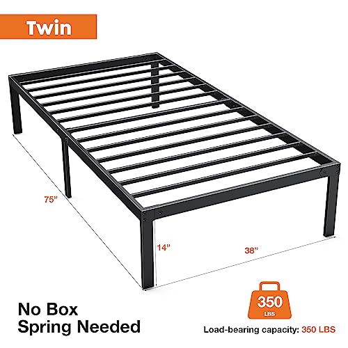 Sweetcrispy Twin Bed Frame - Heavy Duty Metal Platform Bed Frames Twin Size with Storage Space Under Frame, 14 Inches, Sturdy Steel Slat Support, No Box Spring Needed
