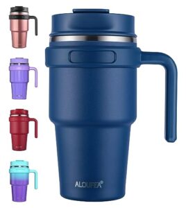 aloufea 20 oz insulated coffee mug tumbler with handle, stainless steel travel mug tumbler with lid and straw,double wall vacuum leak proof ice coffee thermal cup, navy