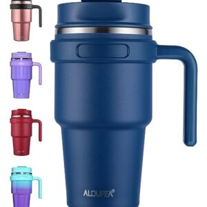 ALOUFEA 20 oz Insulated Coffee Mug Tumbler with Handle, Stainless Steel Travel Mug Tumbler with Lid and Straw,Double Wall Vacuum Leak Proof Ice Coffee Thermal Cup, Navy