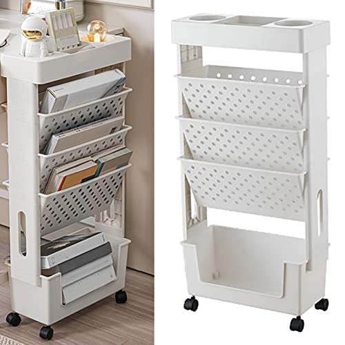 Algado Mobile Bookshelf, Moveable Bookshelf Organizer with Wheel Movable Bookshelf Compact Size Plastic Material Multilayer Capacity for Home(White)