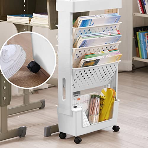 Algado Mobile Bookshelf, Moveable Bookshelf Organizer with Wheel Movable Bookshelf Compact Size Plastic Material Multilayer Capacity for Home(White)