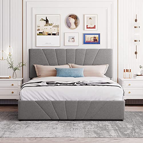 DNYN Queen Size Upholstered Platform Bed with Storage for Kids,Teen,Adults,Study Bedframe w/Wooden Slat Support,No Box Spring Needed & Easy Assembly, Gray