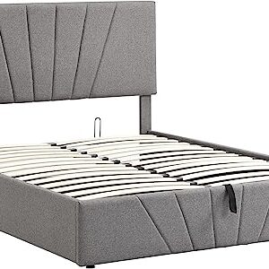 DNYN Queen Size Upholstered Platform Bed with Storage for Kids,Teen,Adults,Study Bedframe w/Wooden Slat Support,No Box Spring Needed & Easy Assembly, Gray