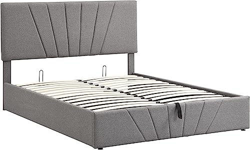 DNYN Queen Size Upholstered Platform Bed with Storage for Kids,Teen,Adults,Study Bedframe w/Wooden Slat Support,No Box Spring Needed & Easy Assembly, Gray