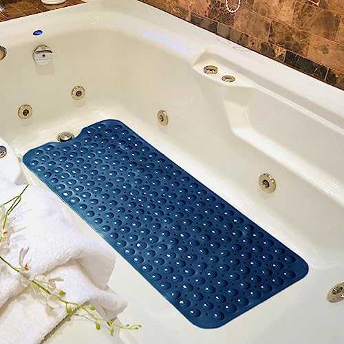 Duwenem Bath Mat for Tub and Shower - Extra Large 39 X 16 Inch Non Slip Bathtub Mat with Drain Holes & Suction Cups - Machine Washable Bathroom Mat (Navy Blue)