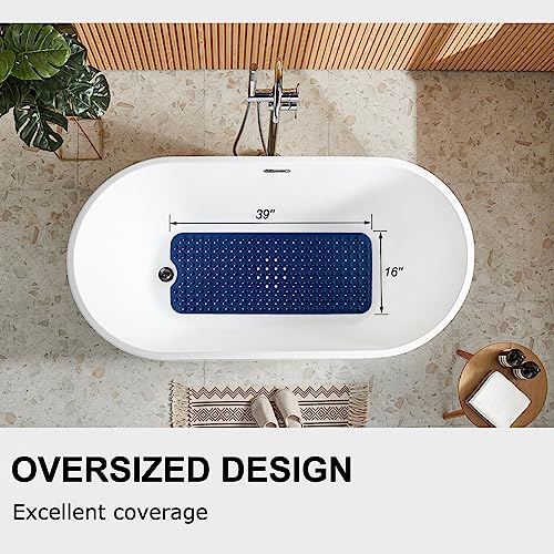 Duwenem Bath Mat for Tub and Shower - Extra Large 39 X 16 Inch Non Slip Bathtub Mat with Drain Holes & Suction Cups - Machine Washable Bathroom Mat (Navy Blue)