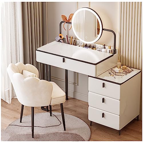 RRNAR Vanity Table Sets with Stool, Vanity Desk with LED Mirror and Drawers, 3 Color Touch Screen Dimming Mirror, Dressing Table with Storage Cabinet, for Wife Girlfriend,White+Black