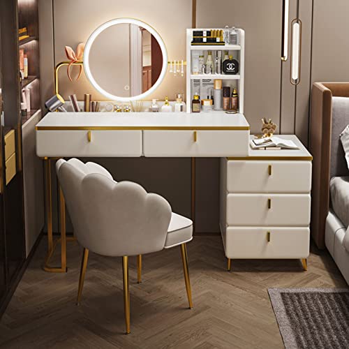 RRNAR Vanity Table Sets with Stool, Vanity Desk with LED Mirror and Drawers, 3 Color Touch Screen Dimming Mirror, Dressing Table with Storage Cabinet, for Wife Girlfriend,White+Black