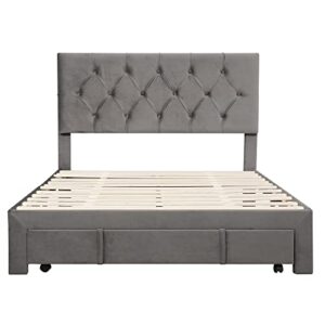 prohon full size platform bed velvet upholstered bed frame with drawer, no box spring needed, bed frame for kids, teen, adults