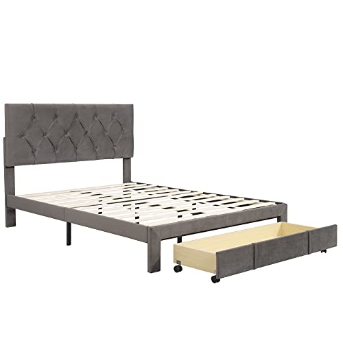 Prohon Full Size Platform Bed Velvet Upholstered Bed Frame with Drawer, No Box Spring Needed, Bed Frame for Kids, Teen, Adults