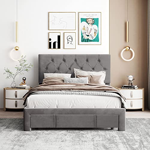 Prohon Full Size Platform Bed Velvet Upholstered Bed Frame with Drawer, No Box Spring Needed, Bed Frame for Kids, Teen, Adults