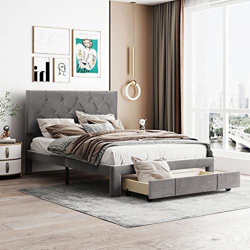 Prohon Full Size Platform Bed Velvet Upholstered Bed Frame with Drawer, No Box Spring Needed, Bed Frame for Kids, Teen, Adults