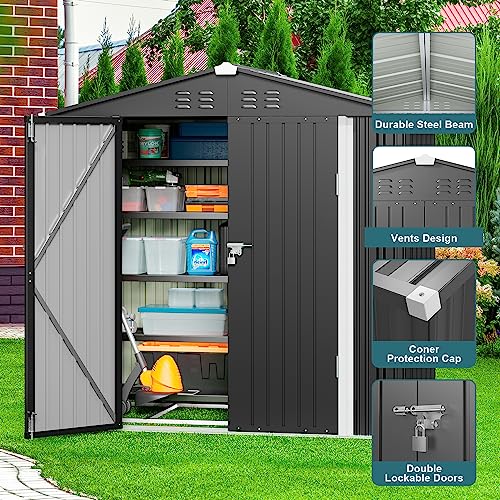 Gizoon Outdoor Storage Shed 6 x 4 FT with Metal Base Frame, Galvanized Metal Garden Shed with Double Lockable Doors, Weather-Resistant Outdoor Storage Clearance for Backyard Patio Lawn-Dark Gray