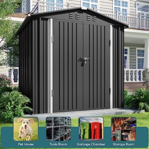 Gizoon Outdoor Storage Shed 6 x 4 FT with Metal Base Frame, Galvanized Metal Garden Shed with Double Lockable Doors, Weather-Resistant Outdoor Storage Clearance for Backyard Patio Lawn-Dark Gray