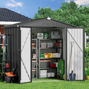 Gizoon Outdoor Storage Shed 6 x 4 FT with Metal Base Frame, Galvanized Metal Garden Shed with Double Lockable Doors, Weather-Resistant Outdoor Storage Clearance for Backyard Patio Lawn-Dark Gray