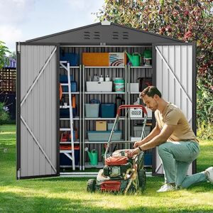 Gizoon Outdoor Storage Shed 6 x 4 FT with Metal Base Frame, Galvanized Metal Garden Shed with Double Lockable Doors, Weather-Resistant Outdoor Storage Clearance for Backyard Patio Lawn-Dark Gray