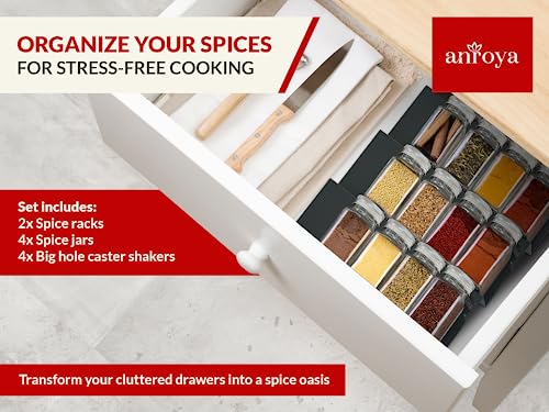 ANROYA - Spice Organizer Set - Spice Drawer Organizer with 4 Spice Racks - Modern Seasoning Organizer - Kitchen Spice Cabinet Drawer Storage