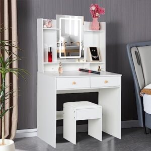 white modern vanity set with led lighted mirror, makeup vanity desk with 2 drawers, multiple shelves & cushioned stool, vanity table mirror with 3 color modes for bedroom