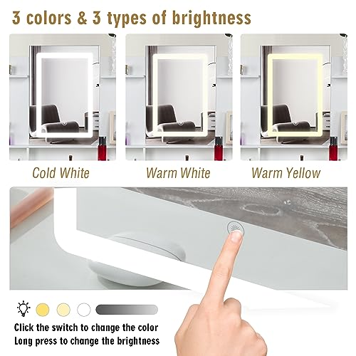 White Modern Vanity Set with LED Lighted Mirror, Makeup Vanity Desk with 2 Drawers, Multiple Shelves & Cushioned Stool, Vanity Table Mirror with 3 Color Modes for Bedroom