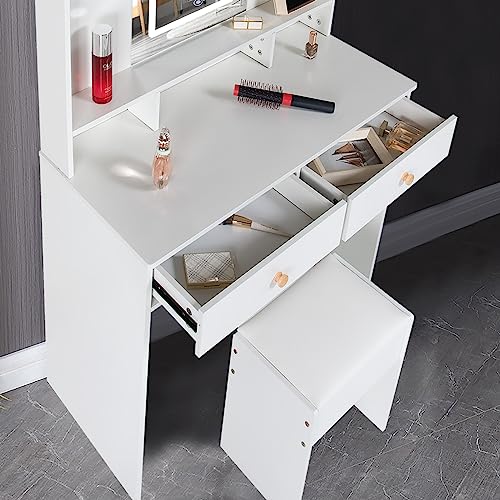 White Modern Vanity Set with LED Lighted Mirror, Makeup Vanity Desk with 2 Drawers, Multiple Shelves & Cushioned Stool, Vanity Table Mirror with 3 Color Modes for Bedroom