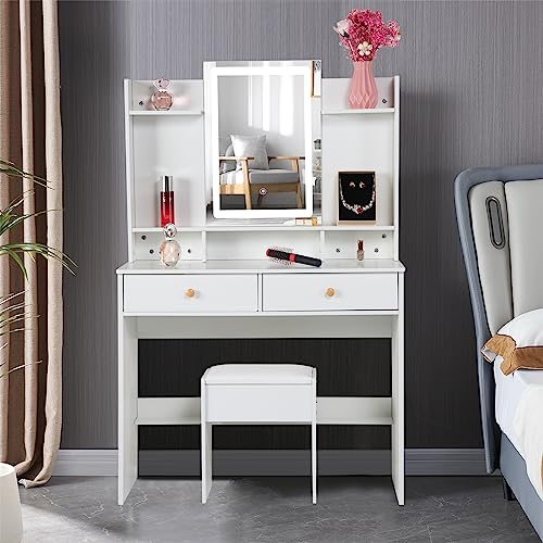 White Modern Vanity Set with LED Lighted Mirror, Makeup Vanity Desk with 2 Drawers, Multiple Shelves & Cushioned Stool, Vanity Table Mirror with 3 Color Modes for Bedroom