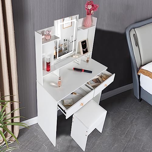 White Modern Vanity Set with LED Lighted Mirror, Makeup Vanity Desk with 2 Drawers, Multiple Shelves & Cushioned Stool, Vanity Table Mirror with 3 Color Modes for Bedroom