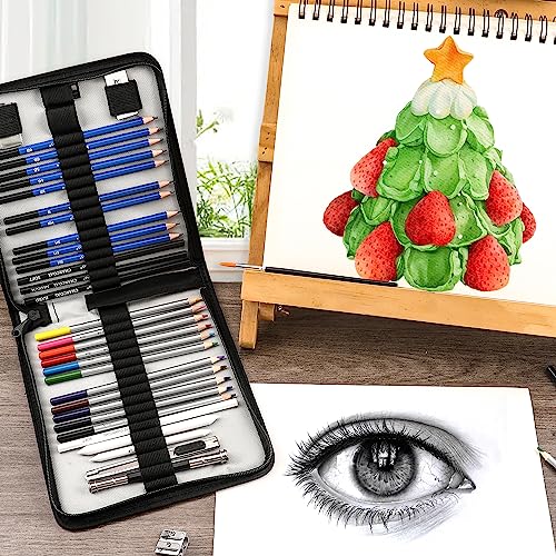 KALOUR Sketching Coloring Art Set - 38 Pieces Drawing Kit with Sketch Pencils,Watercolor Pencils,Charcoal,Brush,Eraser -Portable Zippered Travel Case - Art Supplies for Artists Beginners Adults Kids
