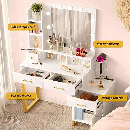 DWVO 41.2inch Makeup Vanity with Mirror and Lights, Vanity with Lights and Drawers, Vanity Mirror with Lights and Table Set, 3 Color Adjustable Lighting Brightness & Power Outlet, White