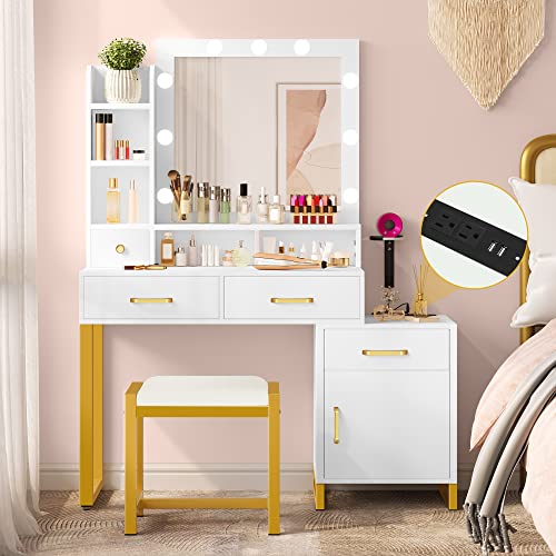 DWVO 41.2inch Makeup Vanity with Mirror and Lights, Vanity with Lights and Drawers, Vanity Mirror with Lights and Table Set, 3 Color Adjustable Lighting Brightness & Power Outlet, White