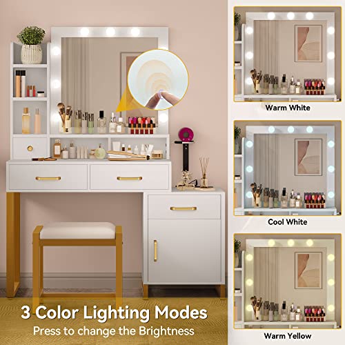 DWVO 41.2inch Makeup Vanity with Mirror and Lights, Vanity with Lights and Drawers, Vanity Mirror with Lights and Table Set, 3 Color Adjustable Lighting Brightness & Power Outlet, White