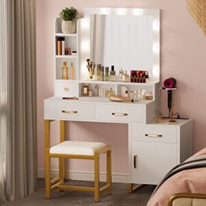 DWVO 41.2inch Makeup Vanity with Mirror and Lights, Vanity with Lights and Drawers, Vanity Mirror with Lights and Table Set, 3 Color Adjustable Lighting Brightness & Power Outlet, White