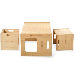 montessori weaning table and chair set - wood weaning table and 2 chairs, solid wooded toddler table, cube chairs for toddlers, kids montessori furniture for arts & crafts snack time playing study