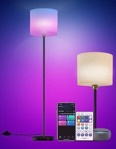 floor lamp for living room works with alexa & google, white linen lamp shade led bright tall standing smart floor lamp with remote for bedroom office, modern color changing dimmable wifi room light.