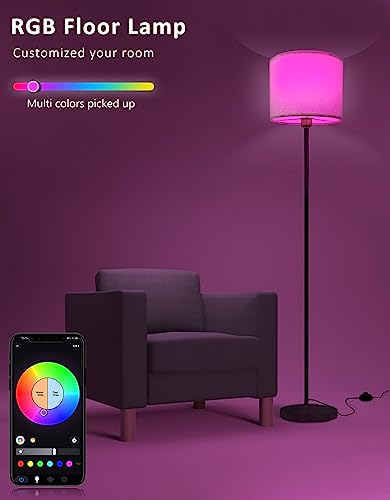 Floor lamp for living Room Works with Alexa & Google, White Linen Lamp Shade LED Bright Tall Standing Smart Floor Lamp with Remote for Bedroom Office, Modern Color Changing Dimmable WiFi Room Light.