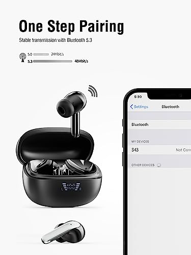 Wireless Earbuds, Bluetooth 5.3 Headphones 40H Playtime with 4 ENC Noise-Cancelling Mic, LED Digital Display Charging Case, Deep Bass IPX7 Waterproof Earphones Stereo Headset for Android iOS Black