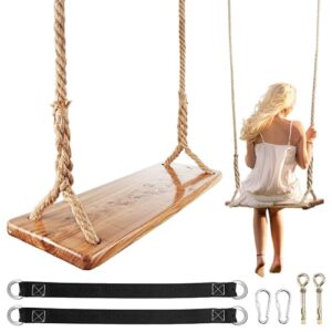 wooden tree swing, 500lbs load capacity heavy-duty wooden swing for adults & kids, waterproof hanging swing seat with adjustable height for indoor & outdoor