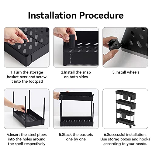 TiLeMiun 3-Tier Storage Rolling Cart Storage Utility Cart Rolling Multifunctional Organizer Mobile Shelving Unit Storage Shelves Slide Out Trolley Cart Bathroom