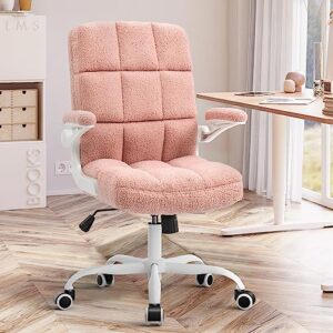 seatzone pink office chair home office desk chairs with flip-up armrest, rolling desk chair with wheels, faux fur computer chairs adjustable backward tilt