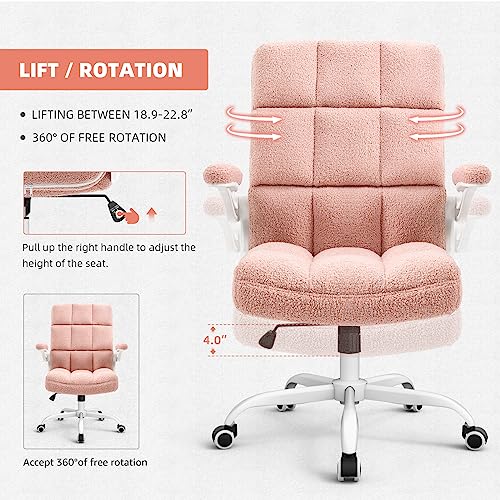 SEATZONE Pink Office Chair Home Office Desk Chairs with Flip-up Armrest, Rolling Desk Chair with Wheels, Faux Fur Computer Chairs Adjustable Backward Tilt