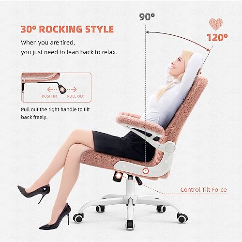 SEATZONE Pink Office Chair Home Office Desk Chairs with Flip-up Armrest, Rolling Desk Chair with Wheels, Faux Fur Computer Chairs Adjustable Backward Tilt