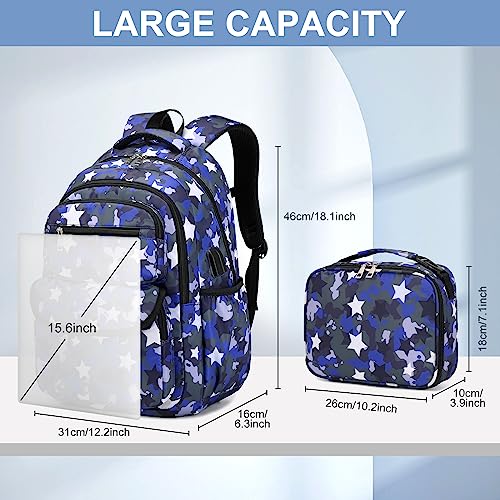 Bevalsa Backpack for Boys, School Bags for Kids, Bookbag for Boys Girls Children Teens Backpacks for Elementary Middle school Student, Bookbag and Lunch Bag Set with USB Charging Port (Pentagram)