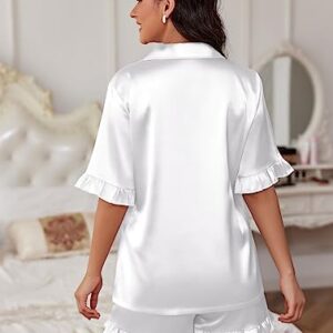 Ekouaer Women's Pajama Set Satin Button Up Sleepwear Comfy Nightwear Two Piece Silk Pjs Shorts Set Bridesmaid Gift White,Large