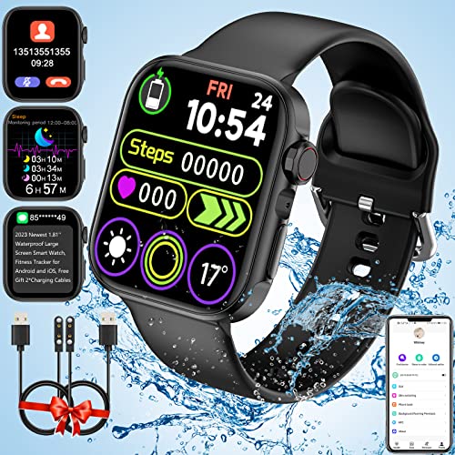 Smart Watch for Men And Women，2023 Newest Fitness Tracker for Android and iOS Phones with Waterproof Large Screen (Make/Answer Call)，Sleep Tracking for Health Heart Rate Fitness Smartwatches Black