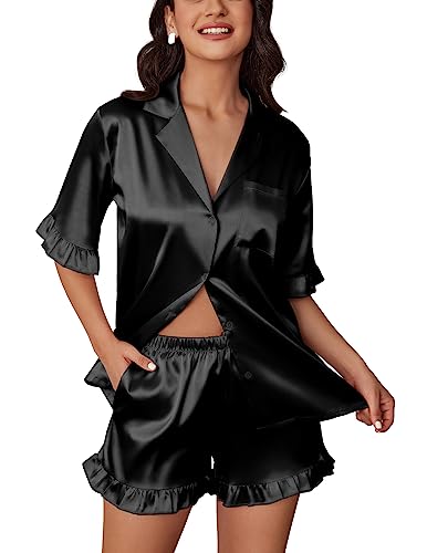 Ekouaer Satin Pj Set Womens Short Sleeve Pajamas Silk Button Down Sleepwear 2 Piece Lounge Set Black,S